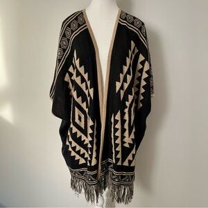 Free People Aztec Printed Knitted Poncho Beige and Black OS Southwestern Boho